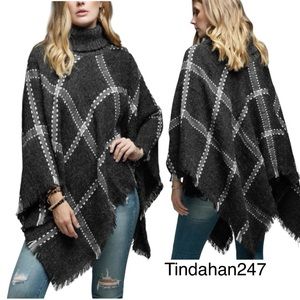 Charcoal Turtle Neck‎ Windowpane Plaid Poncho